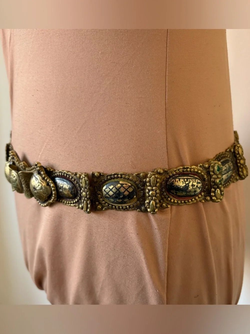 19th Century Antique Ottoman Turkish c1800s Brass Niello Paneled Pictorial Belt